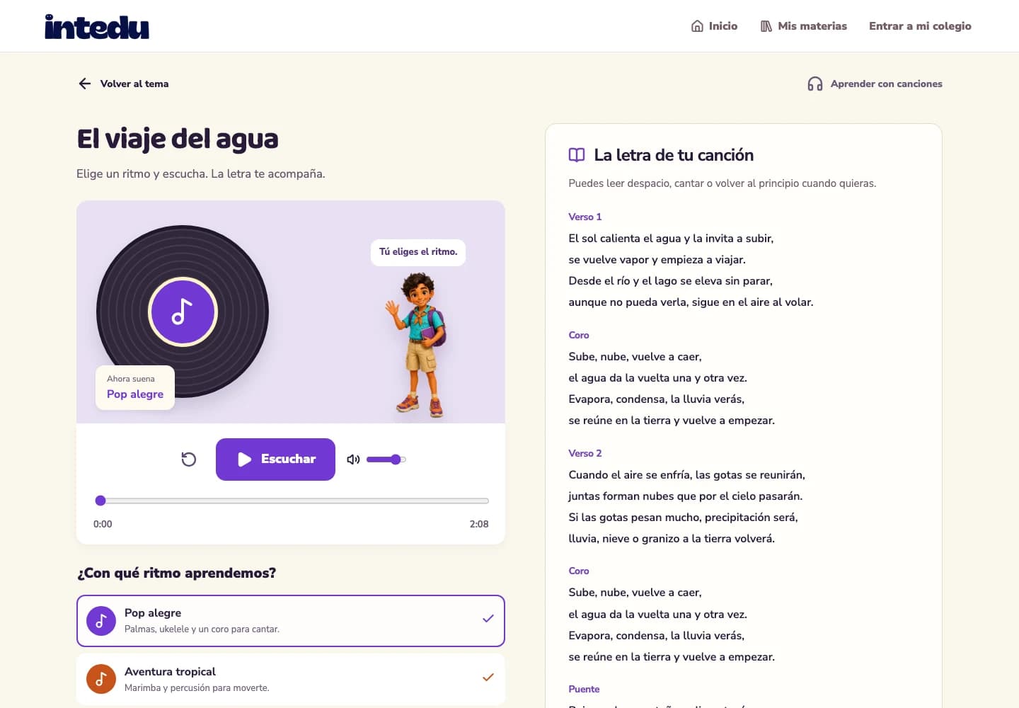 Vista de la demo musical El viaje del agua, con su reproductor y letra
