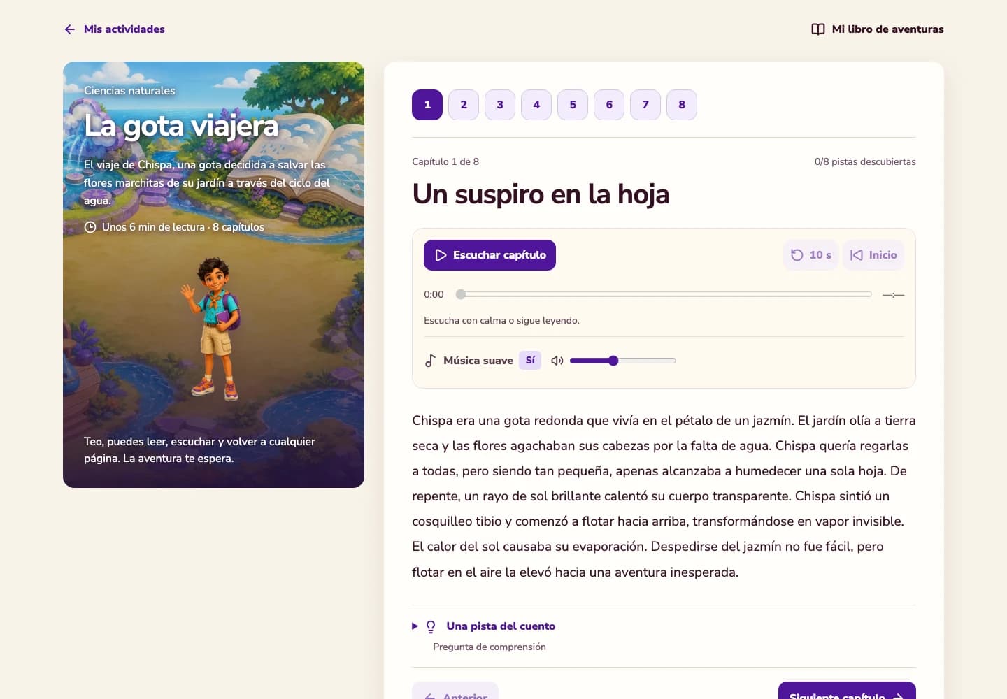 Vista de la demo del cuento La gota viajera, sobre el ciclo del agua, con lectura ilustrada y narración