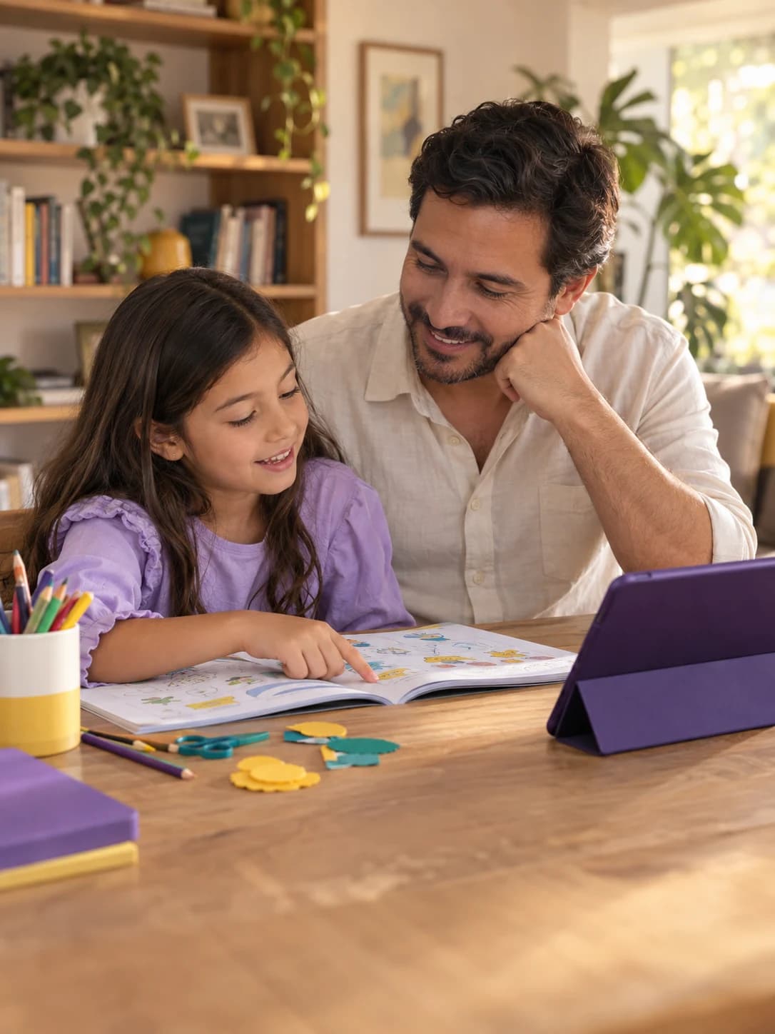 Padre e hija comparten una actividad de aprendizaje en casa