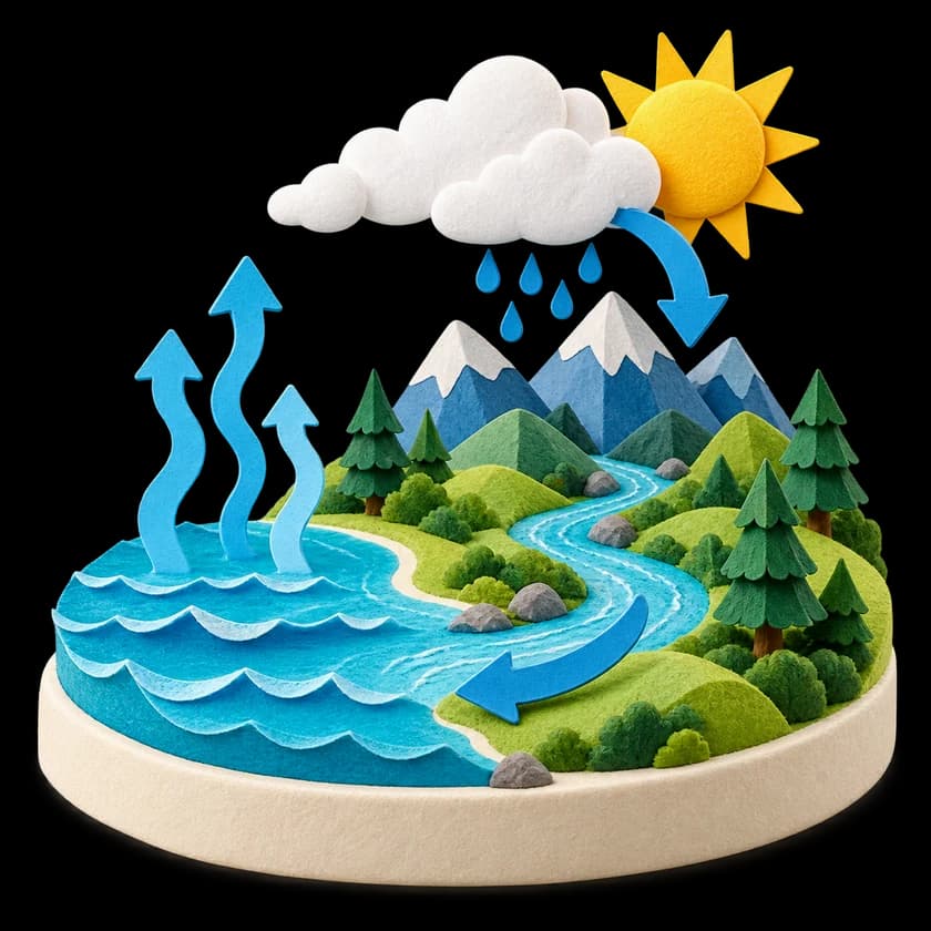Maqueta de papel del ciclo del agua con sol, nubes y montañas
