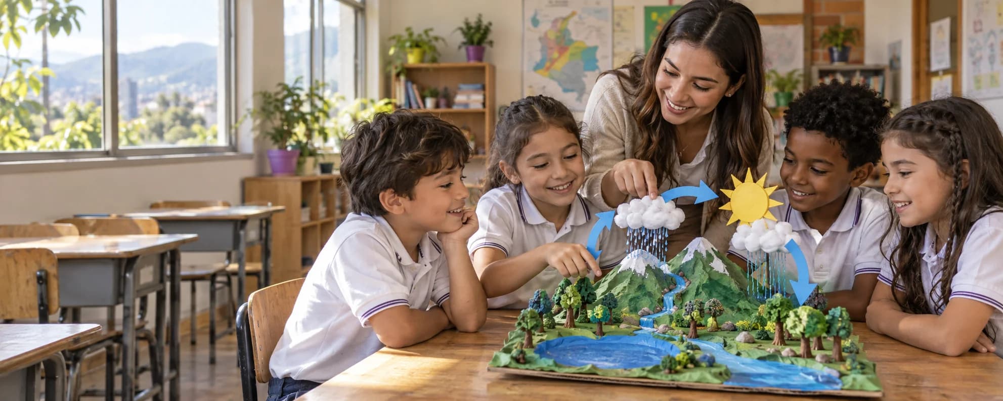 Una docente y sus estudiantes descubren el ciclo del agua con una maqueta en el aula