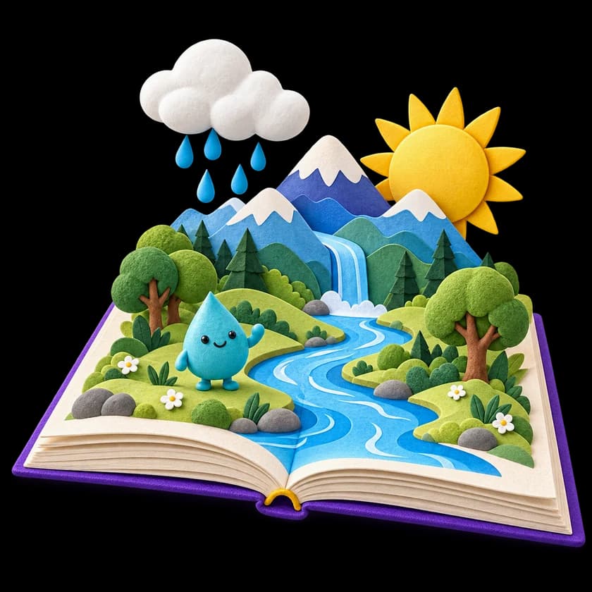 Libro ilustrado abierto con un río, montañas y una gota de agua