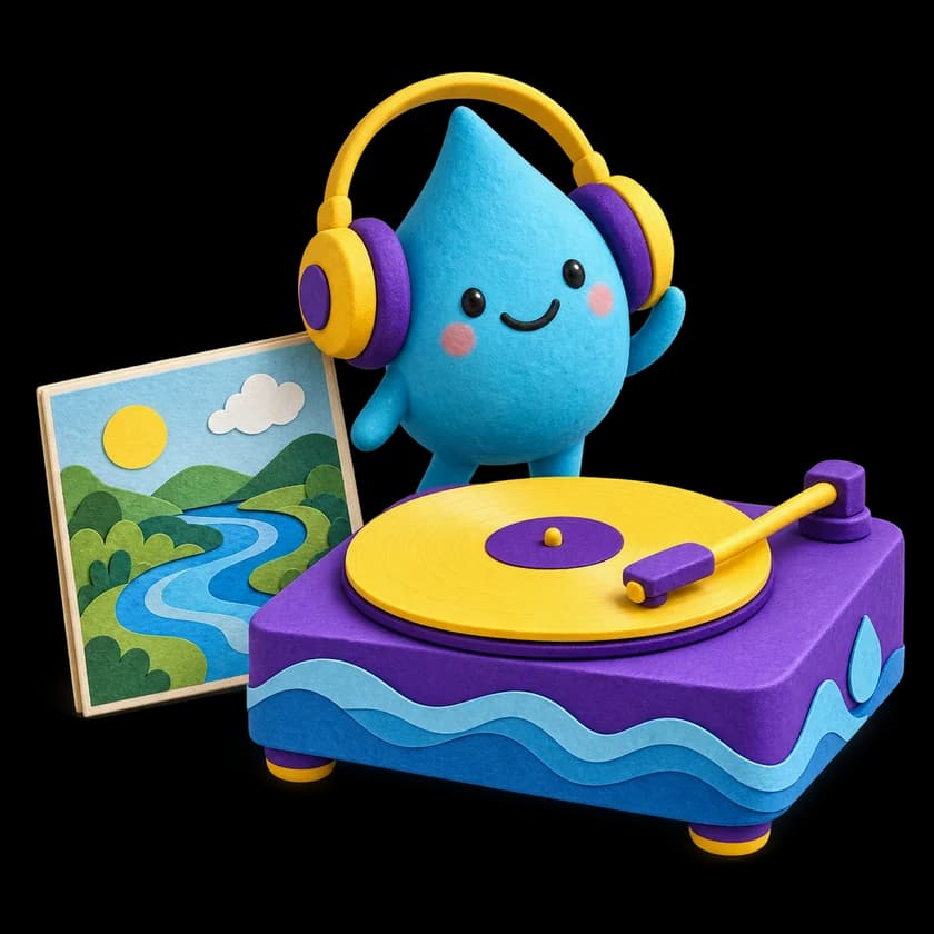 Una gota de agua y un tocadiscos de colores